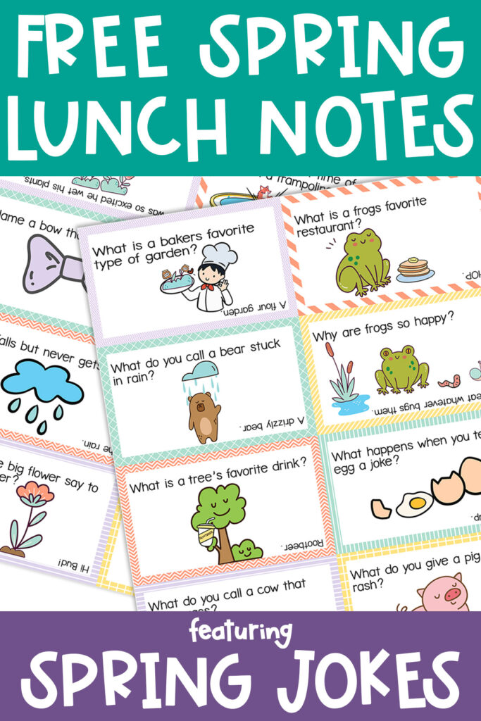 This image says free spring lunch notes at the top, images of the free lunch notes with spring kids jokes in the middle, and featuring spring jokes at the bottom.