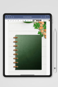 This image shows some of the available free Saint Patrick's Day stickers you can download at the end of this post. It shows an iPad and Apple Pencil. The screen is shows a Goodnotes program with a closed green planner. The planner is resting on some paper four leaf clovers and gold coins.