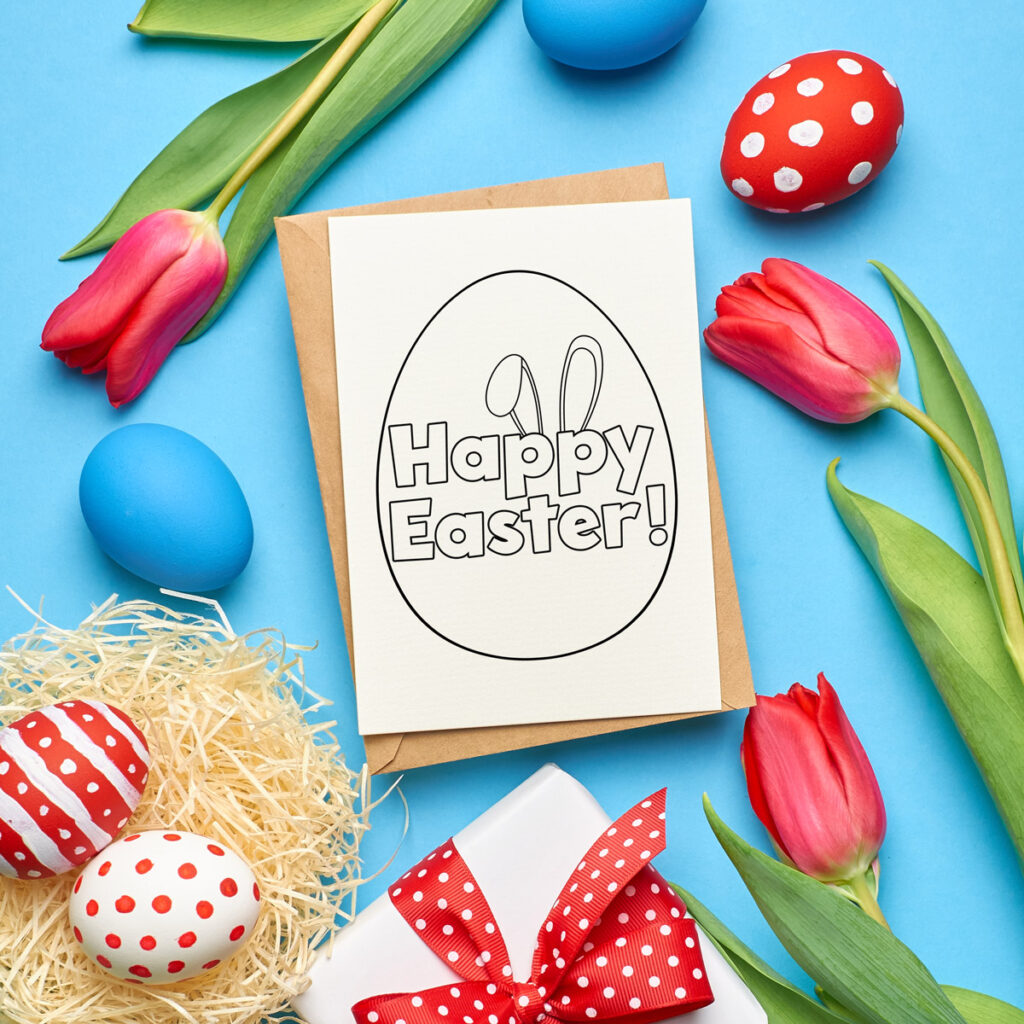 This image shows one of the Easter Egg coloring pages designs you can download for free at the end of this blog post. It shows one of the images that says Happy Easter as a card.