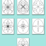 This image shows 7 of the free Easter egg SVGs you can download at the end of this blog post. It shows the mandala Easter egg designs. At the top, there is text that says Easter Egg mandala SVGs. Below that are the 7 different examples on a blue background.