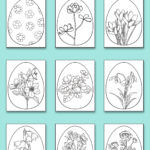 This image shows 7 of the free Easter egg SVGs you can download at the end of this blog post. It shows the floral Easter egg designs. At the top, there is text that says Easter Egg floral SVGs. Below that are the 7 different examples on a blue background.