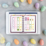 This image shows an example of an iPad with the free Goodnotes file that you can download at the end of this blog post to get the free digital Easter planner stickers. This image shows the Goodnotes file open to a spread within the free digital sticker book. It shows the precropped stickers that are available on those pages in the digital sticker book.