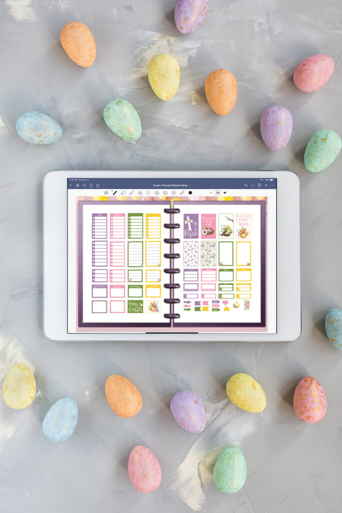 This image shows an example of an iPad with the free Goodnotes file that you can download at the end of this blog post to get the free digital Easter planner stickers. This image shows the Goodnotes file open to a spread within the free digital sticker book. It shows the precropped stickers that are available on those pages in the digital sticker book.