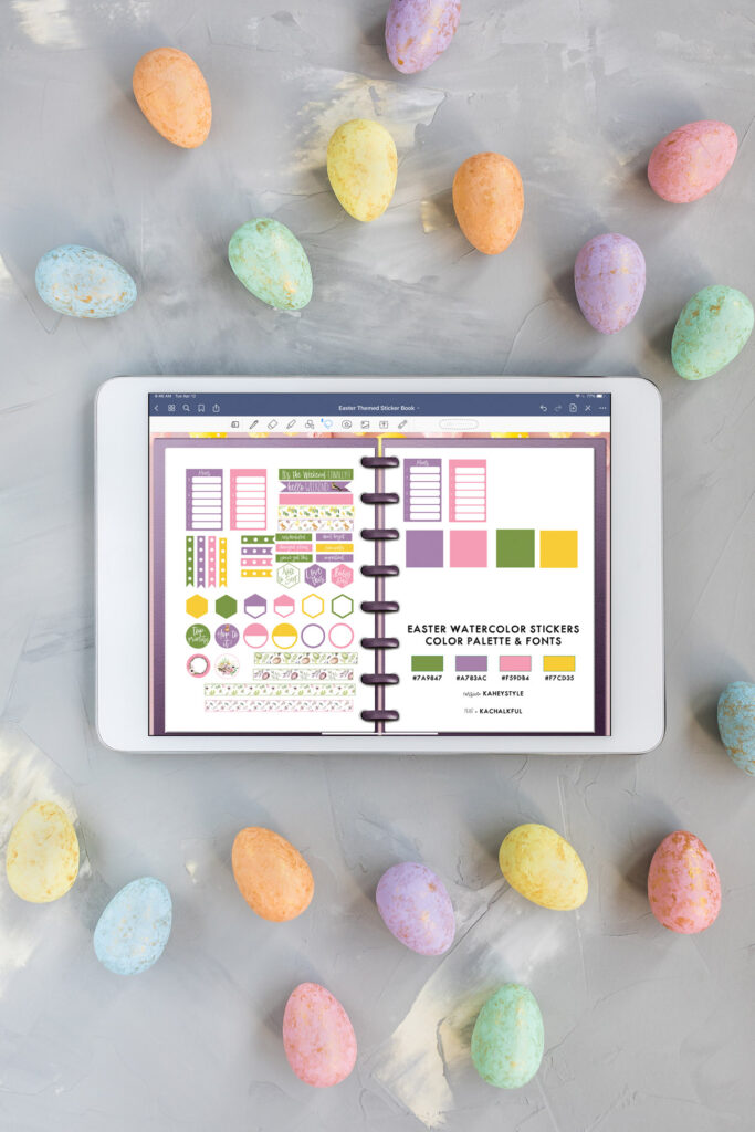 This image shows an example of an iPad with the free Goodnotes file that you can download at the end of this blog post to get the free digital Easter planner stickers. This image shows the Goodnotes file open to a spread within the free digital sticker book. It shows the precropped stickers that are available on those pages in the digital sticker book.