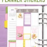 This image says Free Easter planner stickers at the top. Below that is a zoomed in image of the left side of an open purple covered planner. It's open to a weekly spread from April starting at April 11. It shows pictures of the free Easter planner stickers scattered on the page.