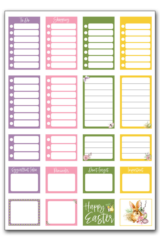 This image shows one of the free pages of Easter planner stickers you can download at the end of this blog post.