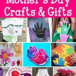 This image says 30+ handprint Mother's Day Crafts & Gifts. Then there are images of the Hand Print Crafts for Mothers Day you can find in this post including a sloth handprint gift, a galaxy handprint craft, a flower pot hand craft, handprint tote bags with flowers and a sun, a handprint jewelry dish, a family handprint keepsake round, a heart handprint poem, a handprint flower garden apron, and a handprint flower pot.