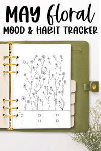 The top of the image says May Floral mood & habit tracker. Below that is a green planner with gold rings opened up to the free May Mood tracker you can download at the end of this blog post.