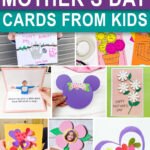 This image shows some of the Mother’s Day card ideas for kids that are rounded up in this blog post. The text says 40+ Ideas for Mother’s Day cards for kids. And the images are of a sloth card, a flower pot card, a pop up hug card, a Mickey had card, a daisy card, a card with a bouquet of flowers, a flower with a child’s face in the middle, and an origami heart card.