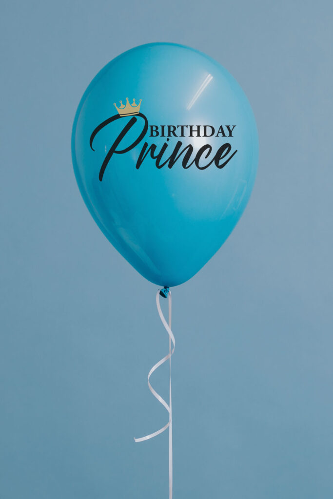 This image shows an example with one of the free svgs you can get in this blog post. It shows a blue balloon with one of the free svgs, Birthday Prince.