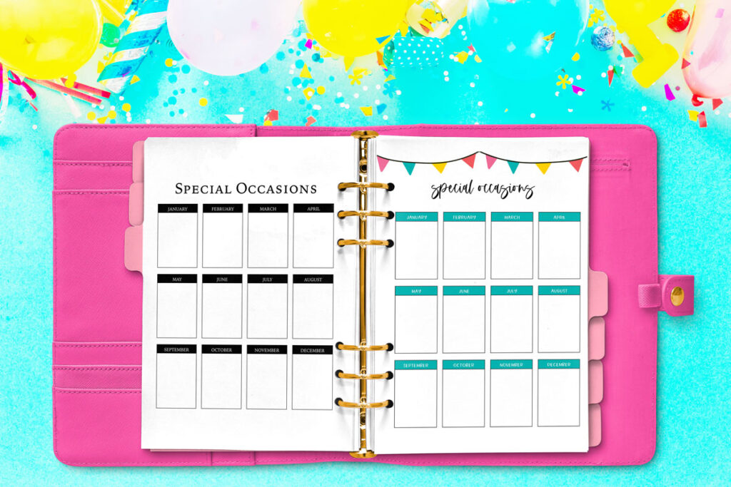 This image has a pink planner opened to two of the birthday trackers you can download for free at the end of this post. The planner is opened up to two of the six options - the left one is the simple black and white birthday tracker template and the right one is the colorful birthday calendar. Behind the planner is a bright blue background with some party balloons, confetti, noisemakers, and ribbon.