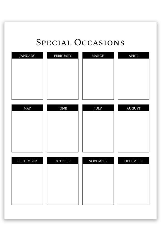 This image shows a birthday tracker template you can get for free from this set of free birthday calendars. It is showing the black and white version of the birthday tracker. At the top, the tracker says special occasions. Under that there are 12 boxes, one for each month of the year, with a space to fill in important dates.