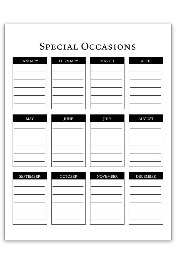 This image shows a birthday tracker template you can get for free from this set of free birthday calendars. It is showing the black and white version of the birthday tracker. At the top, the tracker says special occasions. Under that there are 12 boxes, one for each month of the year, with a space with wide lines to fill in important dates.