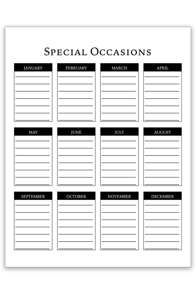 This image shows a birthday tracker template you can get for free from this set of free birthday calendars. It is showing the black and white version of the birthday tracker. At the top, the tracker says special occasions. Under that there are 12 boxes, one for each month of the year, with a space with lines to fill in important dates.