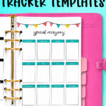 This image says free birthday tracker templates at the top. Below that is a pink planner opened to two of the birthday trackers you can download for free at the end of this post. The planner is opened up to two of the six options - the left one is mostly cut off but you can see a little bit of the simple black and white birthday tracker template and the right one is the colorful birthday calendar. Behind the planner is a bright blue background with some party balloons, confetti, noisemakers, and ribbon.