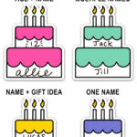 This image says ideas for how to use the stickers. Below that are examples of the birthday planner stickers. It says, age + name with the name Allie and age 12 on a pink cake, the mint cake says multiple names Jack and Jill, the yellow cake says name + gift idea Lucas monster trucks, and lastly, the purple cake says one name - Olivia.