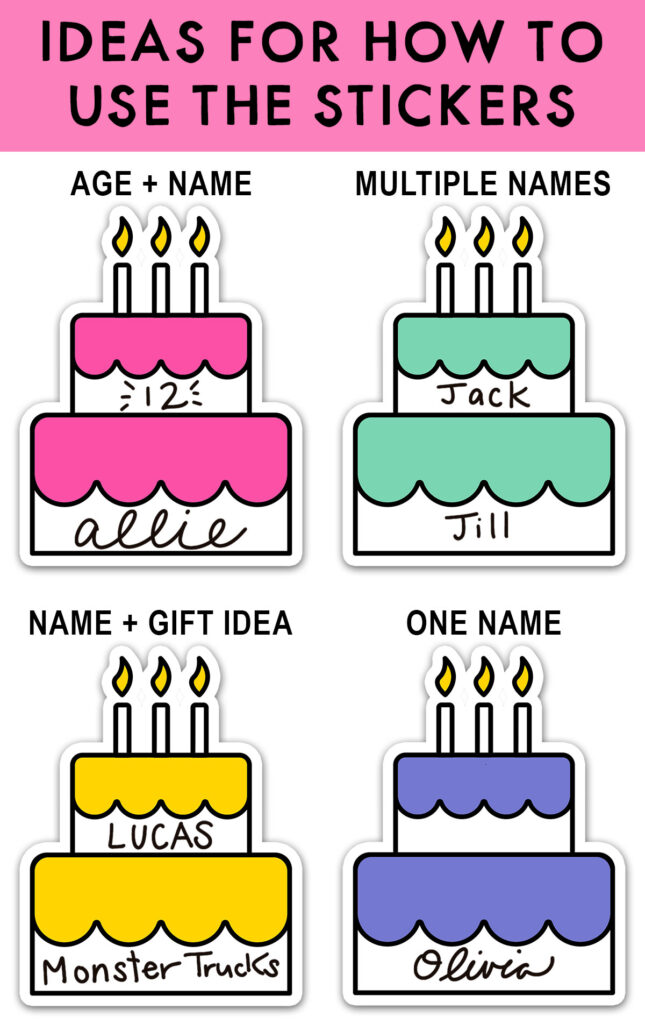This image says ideas for how to use the stickers. Below that are examples of the birthday planner stickers. It says, age + name with the name Allie and age 12 on a pink cake, the mint cake says multiple names Jack and Jill, the yellow cake says name + gift idea Lucas monster trucks, and lastly, the purple cake says one name - Olivia.
