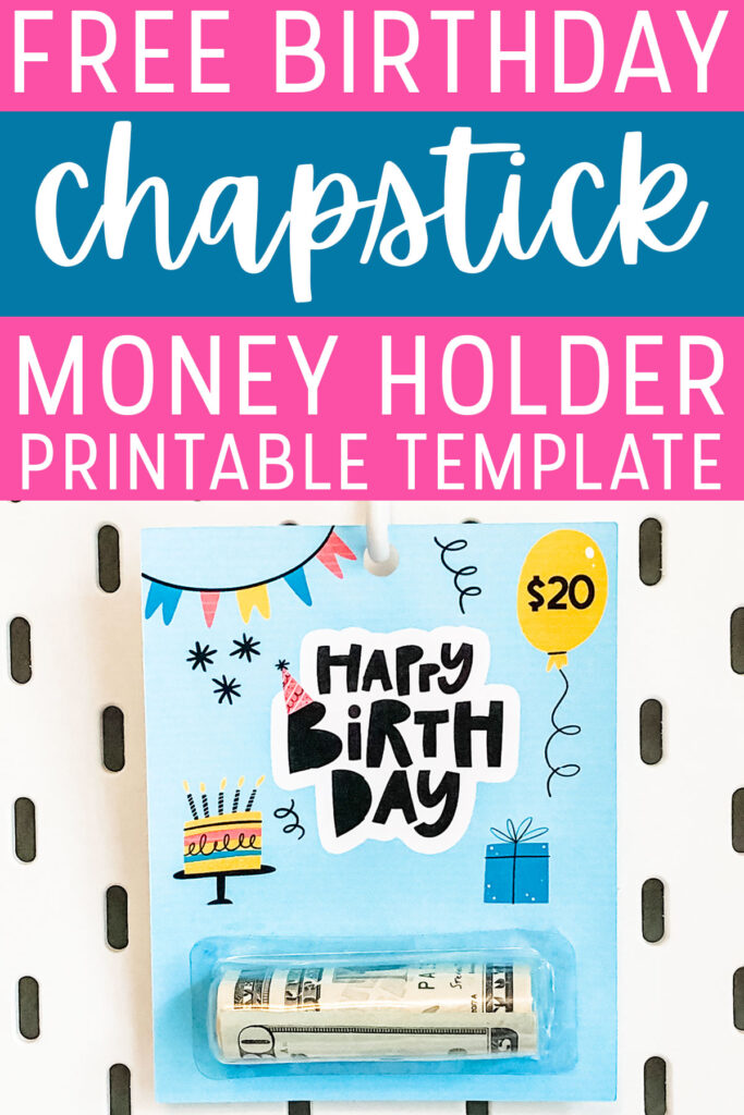 At the top, this image says free birthday chapstick money holder printable template. The image below it shows the free chapstick money holder template holding a $20 bill. The template says Happy Birthday with a balloon in the top right corner with $20. The template also includes a birthday cake with candles, a gift box, a banner, and a party hat on the B.