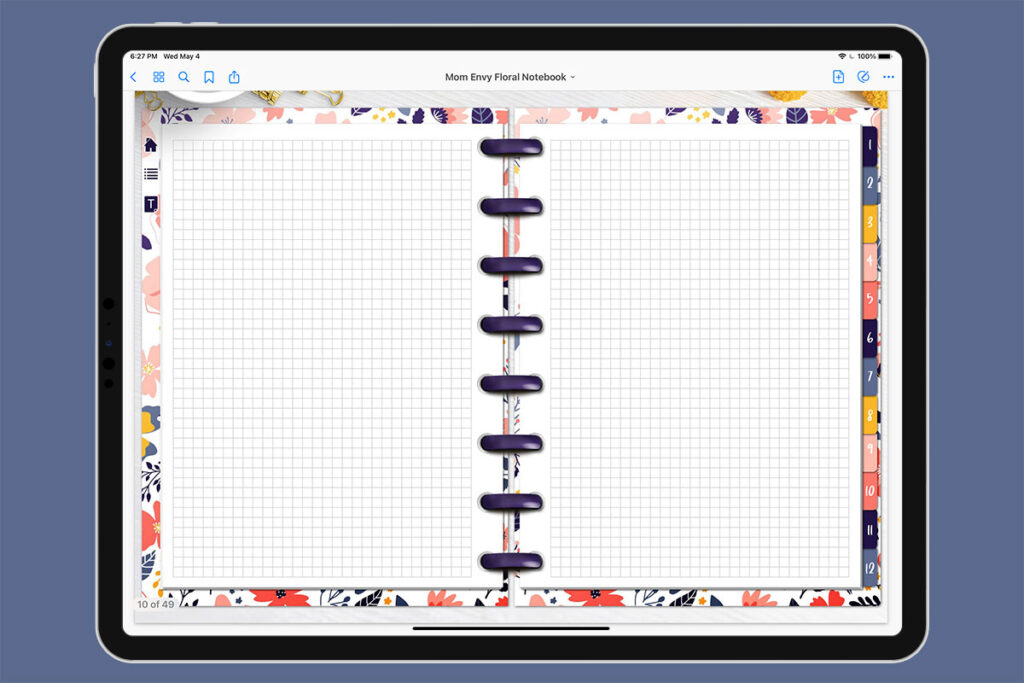 This is an image of an iPad opened up to the fifth page of the free Digital Notebook you can download for free at the end of this post. The notebook has a floral design. This is one of the free page templates included in the notebook. The template has graph inner pages.