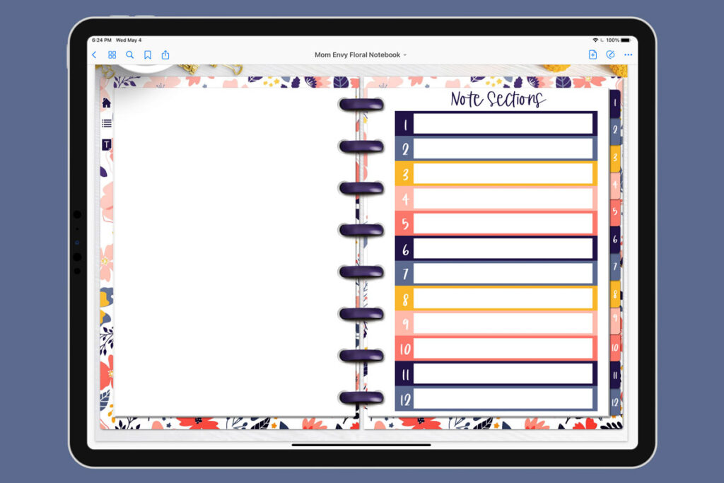 This is an image of an iPad opened up to the third page of the free Digital Notebook you can download for free at the end of this post. The notebook has a floral design and the inner right page has 12 blank note sections where a person can write in the name or description for each section.
