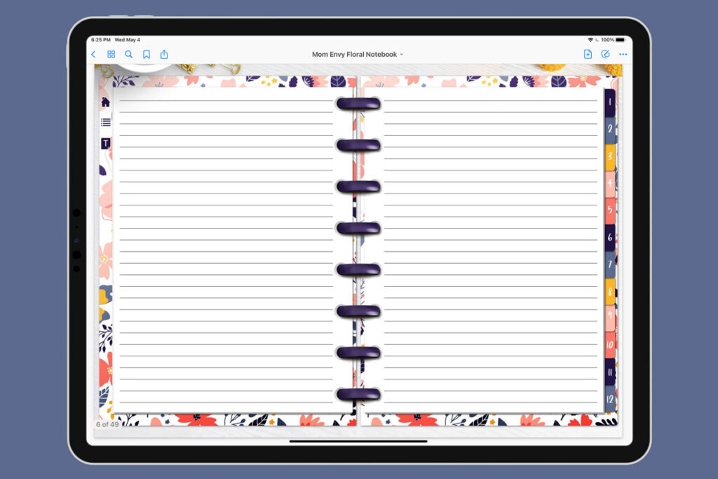 This is an image of an iPad opened up to the fifth page of the free Digital Notebook you can download for free at the end of this post. The notebook has a floral design. This is one of the free page templates included in the notebook. The template has narrow lined inner pages.