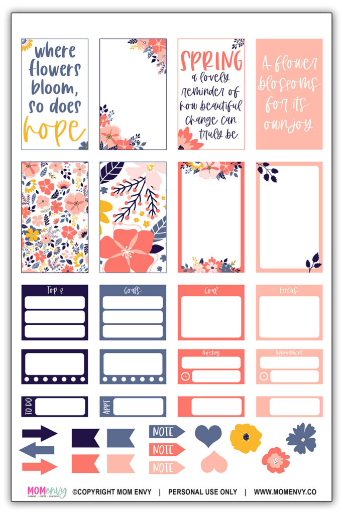 This image shows one page of the 3 free printable flower sticker pages you can get for free at the end of this blog post.