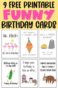 This image is of 6 of the funny homemade birthday cards you can download for free at the end of this blog post. At the top, it says 9 free printable FUNNY birthday cards! Below that are images from 6 of the cards.