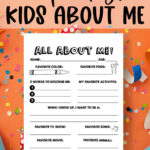 This image shows the free printable all about me you can get at the end of this blog post. At the top, it says free printable kids about me. Below that, the image shows an orange background with confetti, party hats, and bits of wrapping paper. On top of that is the All About Me paper.