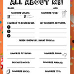 This image shows the free printable all about me you can get at the end of this blog post. The image shows an orange background with confetti, party hats, and bits of wrapping paper. On top of that is the All About Me paper.