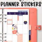 At the top of the image it says free floral planner stickers. Below that is an open planner displaying some of the free printable flower stickers you can get for free at the end of this blog post.
