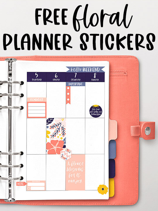At the top of the image it says free floral planner stickers. Below that is an open planner displaying some of the free printable flower stickers you can get for free at the end of this blog post.