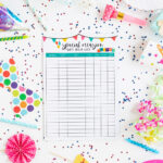 This image shows the wish list printable you can get at the end of this blog post. There are birthday related items (confetti, straws, noise makers, gifts boxes with bows, party hats, decor, cake, etc). In the middle is one of the two free birthday printables you can get - the printable says special occasions gift idea list and it has a table where you write down the birthday gift ideas you have for people.
