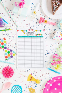 This image shows the wish list printable you can get at the end of this blog post. There are birthday related items (confetti, straws, noise makers, gifts boxes with bows, party hats, decor, cake, etc). In the middle is one of the two free birthday printables you can get - the printable says present wish list for ______ and it has a table where you write down the birthday gift ideas for yourself or a specific person.