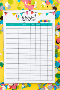 This image shows the wish list printable you can get at the end of this blog post. There is confetti on a yellow background. In the middle is one of the two free birthday printables you can get - the printable says special occasions gift idea list and it has a table where you write down the birthday gift ideas you have for people.