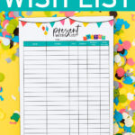 This image shows the wish list printable you can get at the end of this blog post. At the top, it says: Free Printable Wish List. At the bottom, it says: Digital Planner Option Included. There is confetti on a yellow background. In the middle is one of the two free birthday printables you can get - the printable says special occasions gift idea list and it has a table where you write down the birthday gift ideas you have for people.