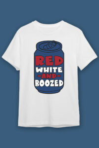 This image shows one of the free 4th of July SVG designs on a white t-shirt. It says Red White -and- Boozed on a blue can.