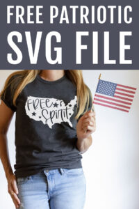 This image says free patriotic SVG file at the top. Below that, This image shows one of the free 4th of July SVG designs on a white t-shirt. It is a drawing of the United States of America in solid blue with the words free spirit cut out and stars cut out.