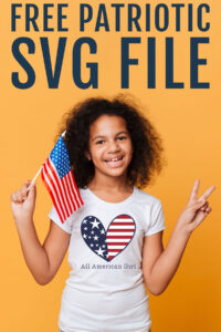 This image shows one of the free 4th of July SVG files on a person's shirt. At the top it says, Free Patriotic SVG File.