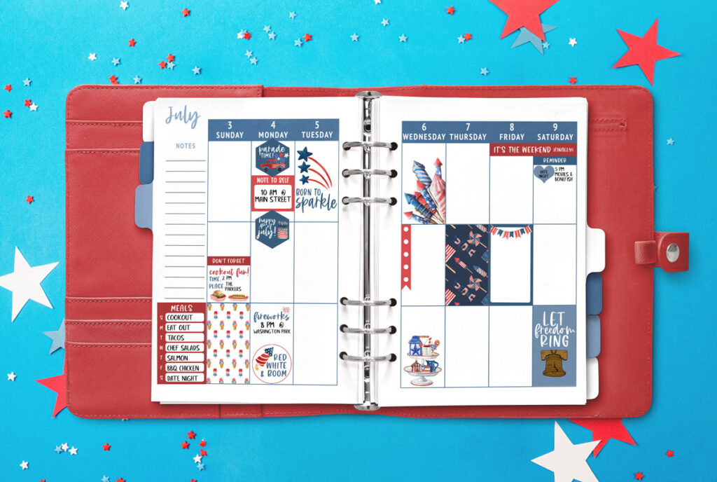 This image shows an example of the Fourth of July planner stickers in a planner. The planner has a red cover and is open to the week of July 4th. The background behind then planner is blue with red, white, and blue paper confetti stars.