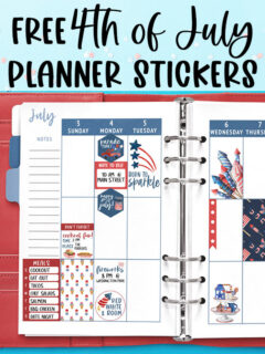 At the top, the image says Free 4th of July Planner Stickers. Below that is an image of a planner open to a weekly spread showing some of the Fourth of July planner stickers on a weekly spread. The planner has a red cover and is open to the week of July 4th. The background behind then planner is blue with red, white, and blue pap