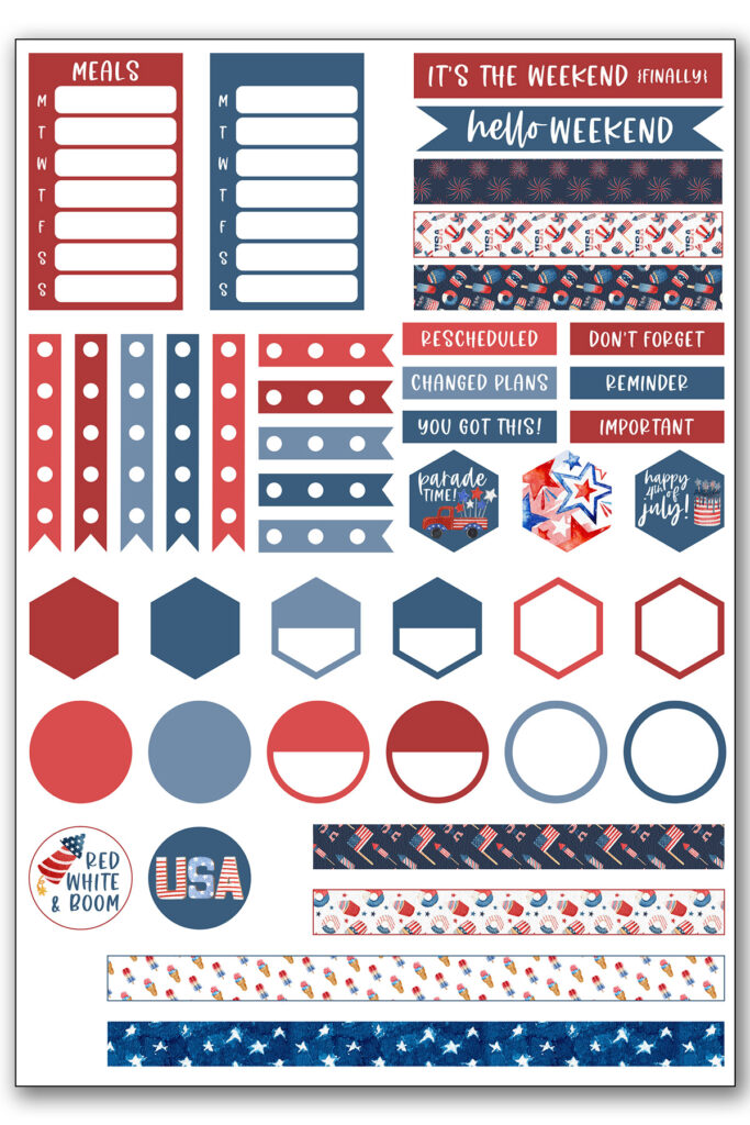 This image shows one of the three sheets of free Fourth of July Planner stickers you can download at the end of this blog post.