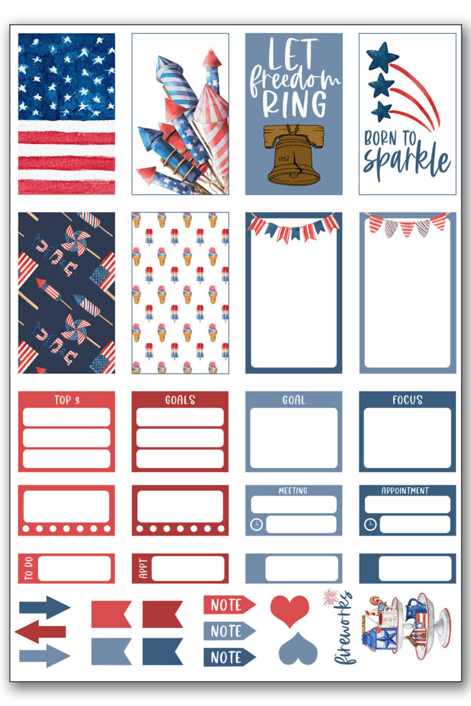 This image shows one of the three sheets of free Fourth of July Planner stickers you can download at the end of this blog post.