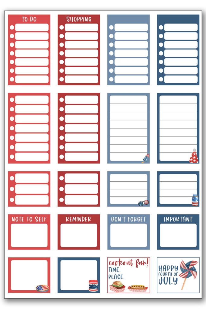 This image shows one of the three sheets of free Fourth of July Planner stickers you can download at the end of this blog post.