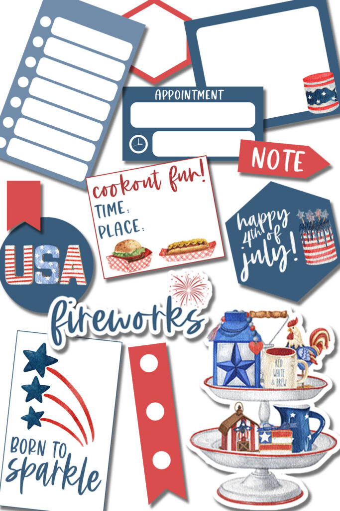 This image shows an example of some of the free Fourth of July planner stickers you can download at the end of the blog post.