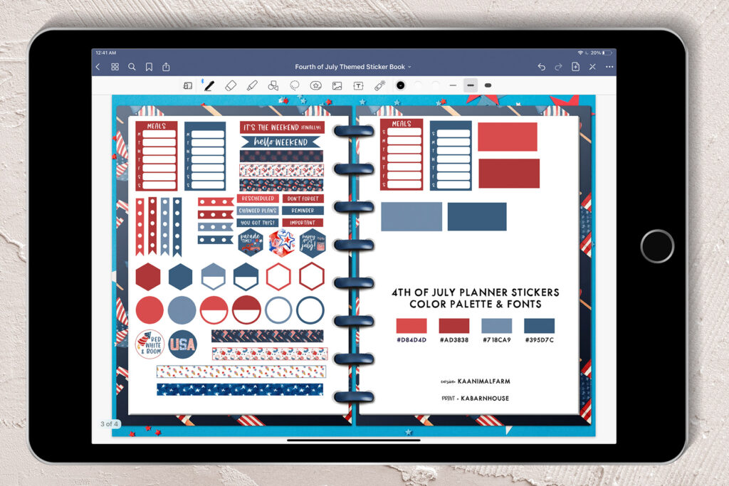 This image shows an iPad opened up to the Goodnotes planner. This is showing the second open spread of the free Fourth of July Goodnotes sticker book.