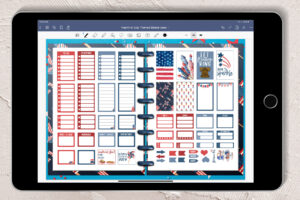 This image shows an iPad opened up to the Goodnotes planner. This is showing the first open spread of the free Fourth of July Goodnotes sticker book.