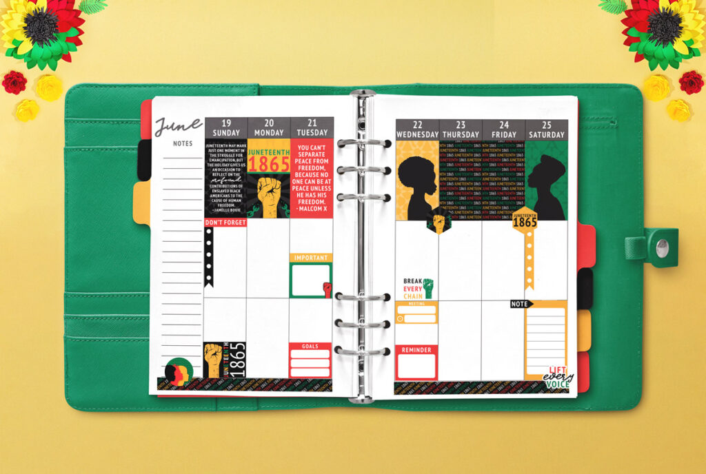 This image shows a green planner laying on a yellow background with a red, yellow, and green paper flower in each top corner. And 2 more yellow and 1 more red paper flowers scattered on each side. Inside of the open planner are some of the free Juneteenth planner stickers on a weekly June spread (Sunday 19-Saturday the 25th).