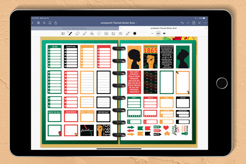 This image shows the Juneteenth Stickers you can download for free at the end of this post. It shows an example of one of the sticker pages from the Goodnotes pre cropped file opened on an iPad screen.
