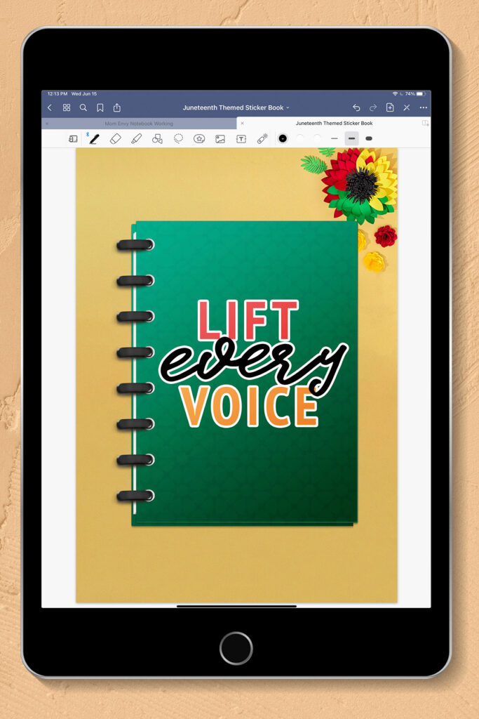 This image shows the Juneteenth Stickers you can download for free at the end of this post. It shows the cover from the Goodnotes pre cropped file opened on an iPad screen.