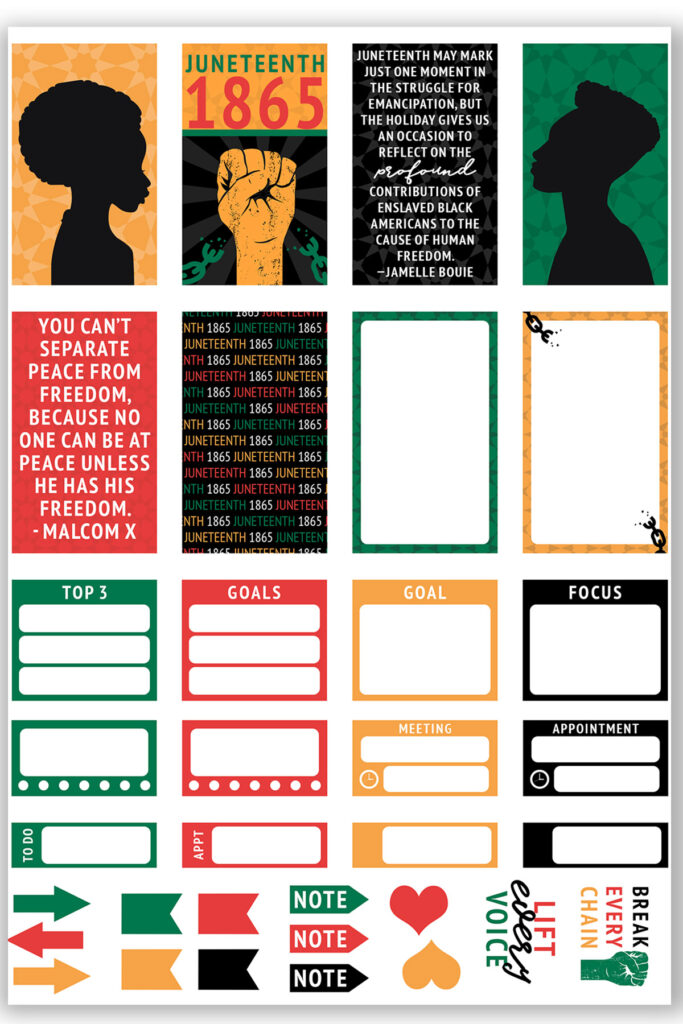 This image is showing 1 of the 3 free pages of Juneteenth Stickers you can download at the end of this blog post.